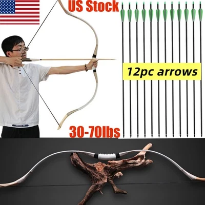 30-70lbs Archery Recurve Bow Traditional  Mongolian Wooden Bow&12x Arrows Target - Image 1 of 4