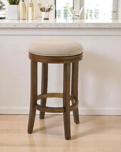 25" Cream and Brown Fabric and Solid Wood Backless Counter Height Swivel Bar ... - Picture 1 of 5