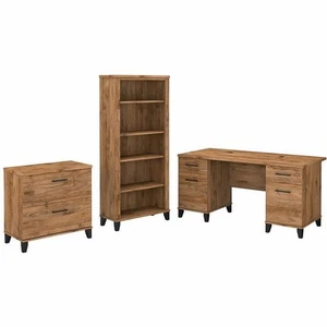 Somerset 60W Desk with File Cabinet & Bookcase in Fresh Walnut - Engineered Wood - Picture 1 of 7