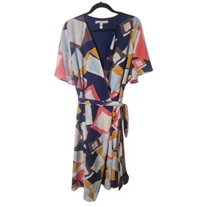 Hutch Anthropologie 2X Midi Wrap Dress Multicolor Lined Flutter Sleeve Mod Flowy - Picture 1 of 6
