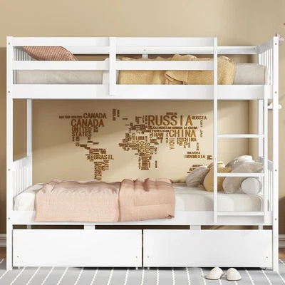 Twin Over Twin Rubber Wood Bunk Bed with 2 Drawers, Convertible into 2 Twin Beds - Image 1 of 4