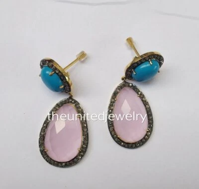 Designer Handmade 925 Sterling Silver Pink chalcedony Dangle Turquoise Earrings - Image 1 of 2