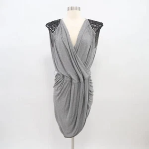 Robert Rodriguez Faux Wrap Dress Womens 8 Gray Draped Sequins Jersey Deep V-Neck - Picture 1 of 10