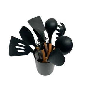 12 Pcs BLACK Silicone Cooking Utensils Heat Resistant,Turner,Spatula,Spoon,Brush - Picture 1 of 12