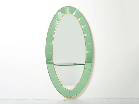 Cristal Arte Oval shaped Italian brass green crystal mirror 1950s Cover
