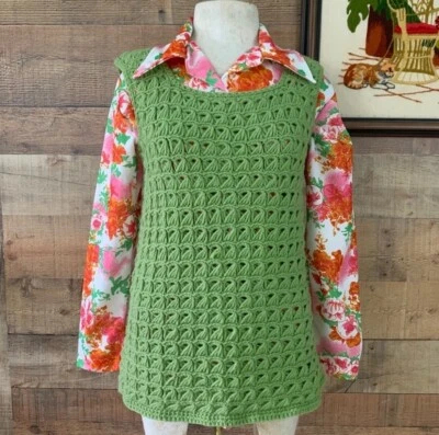 Vintage 1960’s 1970’s Jersey Tejido Verde Chaleco Pullover Hippie Talla M Foto 1 de 4