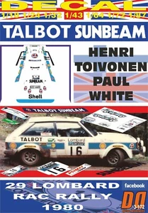 DECAL TALBOT SUNBEAM LOTUS HENRI TOIVONEN RAC RALLY 1980 WINNER (08) - Picture 1 of 1