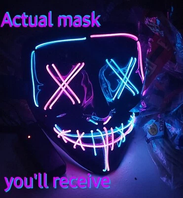 LED Mask Flashing X Eye Stitches 3 Lighting Modes Purge Blue Purple - Image 1 of 4
