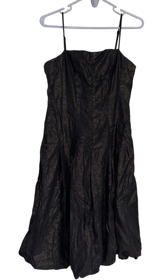 Vestido BCBG Maxazria alça espaguete bainha bolha mistura de linho tamanho 6 preto cobre - Imagem 1 de 4