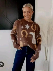 Zara Brown Western Cowgirl Cowboy Knit Jumper Sweater Size M Medium 10 12 - Picture 1 of 4