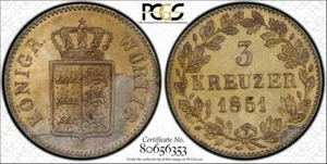 Württemberg (Deutsches Land) 1851 3 Kreuzer KM#591 PCGS "Original" unc. details - Bild 1 von 5
