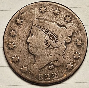 1822 United States Coronet Large Cent 1c Circulated Coin - Picture 1 of 2