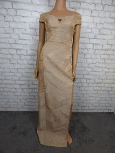 $690 Black Halo Eve Gold Metallic Harrow Off Shoulder Sheath Gown 2 NWT B711 - Picture 1 of 17