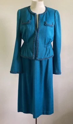 NWT Rebecca Taylor Suit Dress Silk 10 1940s Peplum Teal Blue $840 Neiman Marcus - Image 1 of 4