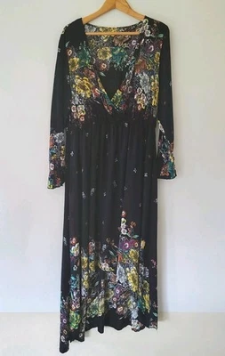 Black Floral Boho Maxi Dress Size L Long Bell Sleeves Whimsigoth Fairy Grunge  - Image 1 of 4