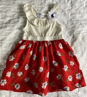 Max & Daisy 女孩尺寸 4T 红色花卉太阳裙夏季。  二手状况完好 — 第 1/4 张图片