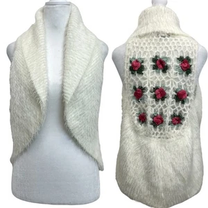 Cárdigan Chaleco Venice Azul Vintage Años 90 Blanco Pestañas y Crochet Flor Abierto Talla OS - Imagen 1 de 10