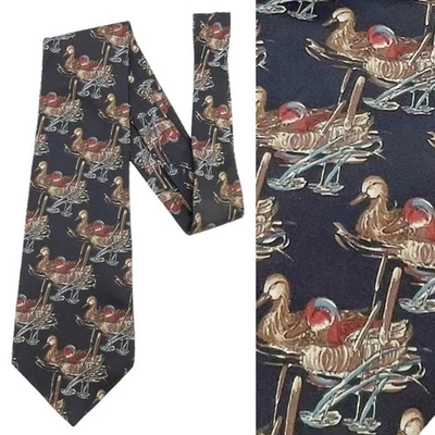 Ducks Unlimited 100% Silk Tie Waterfowl Pond Cattails Black Vintage Necktie - Image 1 of 4