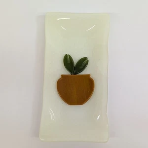Fused Glass Rectangular Trinket Dish Potted Plant Design Succulent Artist Signed - Picture 1 of 7