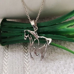 Galloping Horse Necklace, 925 Sterling Silver, Minimalist Running Horse Pendant - Picture 1 of 7