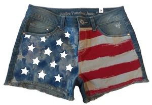 Justice Premium Jeans Girls Denim  Flag Shorts Size 14 NEW WITH TAGS - Picture 1 of 2