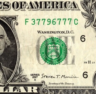 Billete de un dólar número de serie de lujo de cinco clases F3779677C Foto 1 de 4