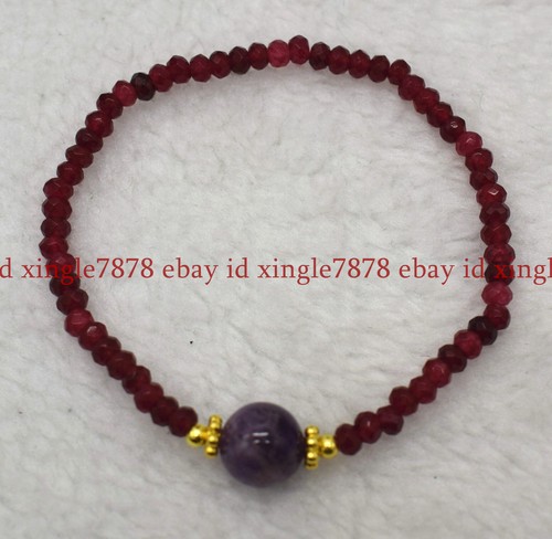 VALENTINO Bracciale elastico 2x4mm giada rossa sfaccettata e giada viola perle pietre preziose 7 5"