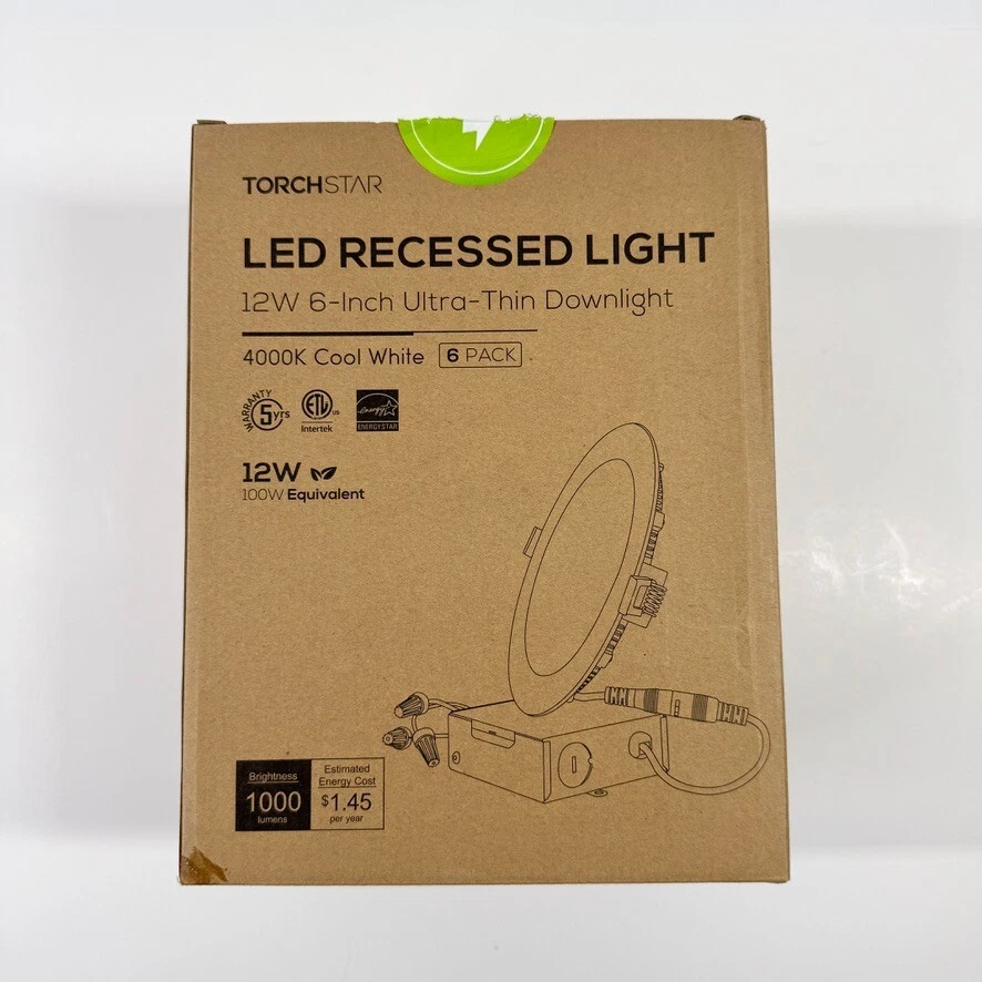 Torchstar LED Recessed Light 12W 6-Inch Ultra-Thin Downlight 6 Pack 4000K Cool - Image 1 of 4