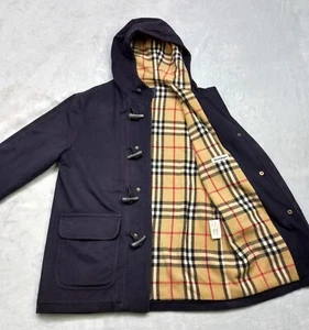 Vintage BURBERRY Duffle Coat Hooded winter Coat Nova Check Kids BOY Wool SZ 12y - Picture 1 of 22