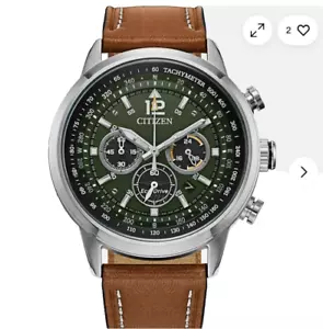CITIZEN ECO-DRIVE MEN'S $395 AVION CHRONO GREEN DIAL LEATHER WATCH CA4477-08X - Picture 1 of 3