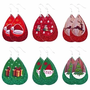 6Pairs Double Layered Faux Leather Teardrop Dangle Earrings Christmas Xmas Gift - Picture 1 of 6