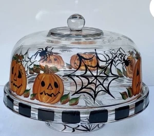 3 PIECES HAND PAINTED HALLOWEEN PUMPKIN GLASS CAKE PLATE PEDESTAL DOME LID & PIT - Picture 1 of 7