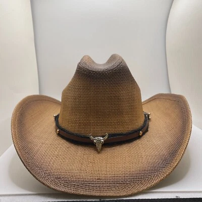 Cowboy Hat w/ bull head skull Vintage Western Shapeable Brim Brown - Image 1 of 3