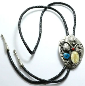 Native American Bolo Tie with Coral, Turquoise, REAL SCORPION, and BEAR Design. - Picture 1 of 8