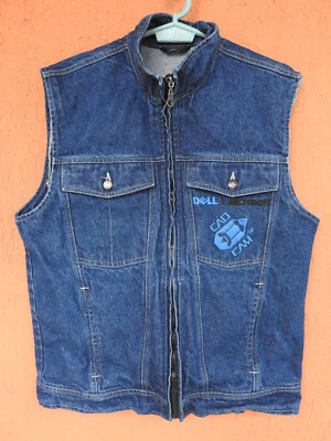 Vintage 90s Dell Microsoft CAD CAM Denim Sleeveless Jean Jacket Vest Small - Image 1 of 4