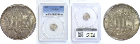 1859 Silver Three Cent Piece PCGS MS-64+ Cover