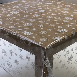 Christmas Wipe Clean PVC Vinyl Tablecloth Clear Plastic with White Snowflakes - Picture 1 of 2