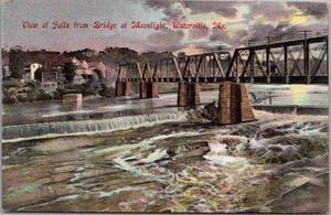 WATERVILLE, Maine Postal "Vista de las cataratas desde el puente a la luz de la luna" 1910 Cancelar - Imagen 1 de 2