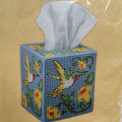 Craftways Hummingbird Tissue Box Cover Plastic Canvas Kit 270038 Blue Floral NIP - Image 1 of 4