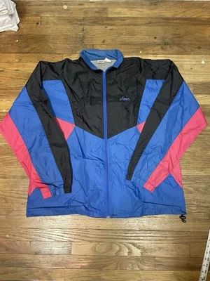 Vintage Asics Jacket Mens Large Blue Black Pink Nylon Windbreaker Retro 90s 158 - Image 1 of 4