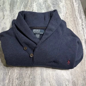 POLO RALPH LAUREN FRENCH RIB SHAWL PULLOVER Sweater NAVY Leather Elbow 2XL - Picture 1 of 12