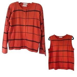 Dressbarn L Orange Black Window Pane Plaid Cardigan Cami Sweater Knit Layered - Picture 1 of 17