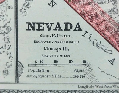 Mapa de Nevada 1883 de colección 11"x13" antiguo original CARSON CITY BURNING MAN Foto 1 de 4