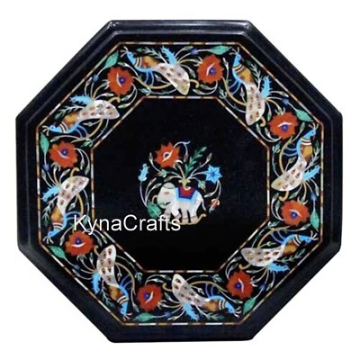 Black Marble Coffee Table Top Peacock Pattern Inlay Work Office Corner Table - Image 1 of 4