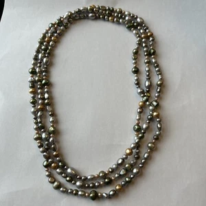 70” Extra Long Baroque Green Tan Multi Color Freshwater Pearl Necklace Heavy 4oz - Picture 1 of 16