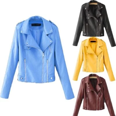 Women's Pu Leather Jacket Slim Fit Designer Coat Ladies Leather Motorcycle Top - Image 1 of 4