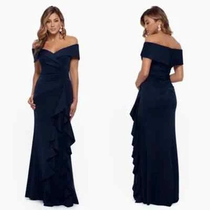 Vestido de Noche Xscape Azul Marino Ava Fuera del Hombro Lateral Volantes Talla 4P $288 - Imagen 1 de 3
