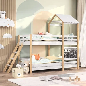 Kinder Etagenbett 90x200 cm, Hochbett mit Treppe, Tafel, Baumhausbett für Kinder - Bild 1 von 11