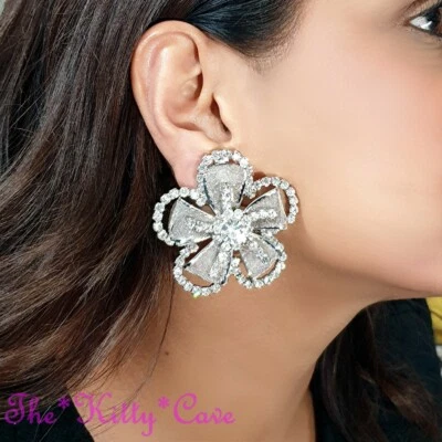 Vintage Deco Silver Floral Flower Mesh Statement Earrings w/ Swarovski Crystals - Image 1 of 4