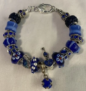 Pulsera Europea Dije Azul Real Cisne Flores Corazones Llaves Cristales Murano - Imagen 1 de 7